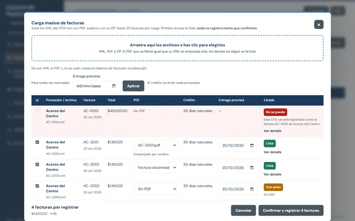 Carga masiva de facturas: lista de XML con su PDF, crédito y estado (datos de demostración)